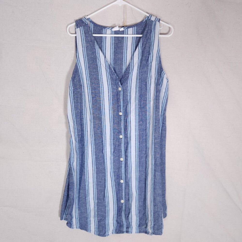 Gap Linen Blend Shift Dress Womens Large Blue Striped Sleeveless Coastal Casual